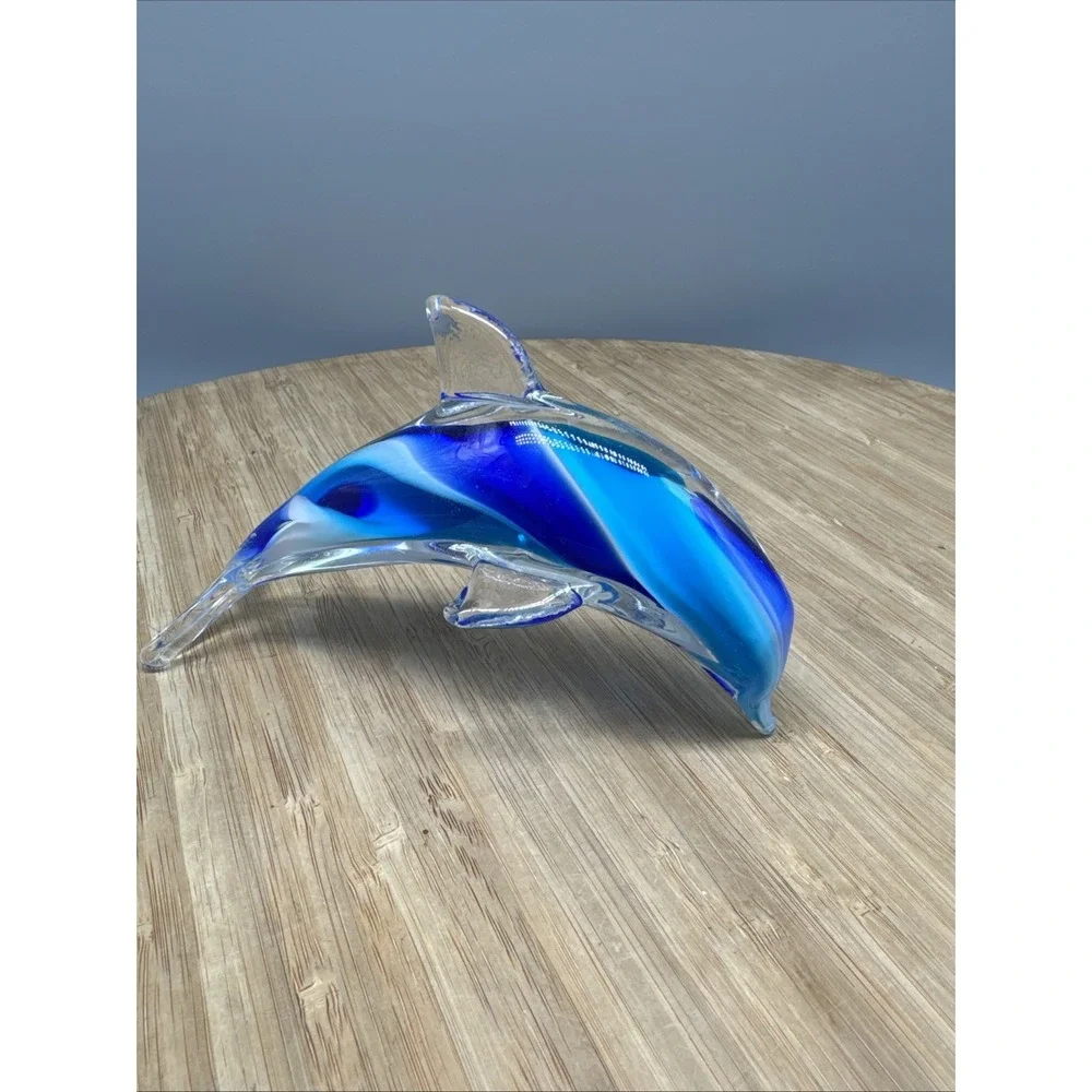 Hand Blown Art Glass Aqua-Blue Swirl Jumping Dolphin Figurine Paperweight 6 inch